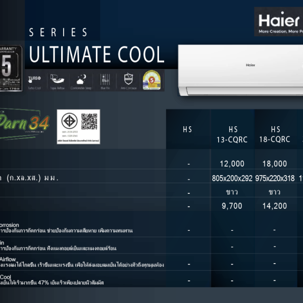 HAIER แบบติดผนัง ประหยัดไฟ เบอร์ 5 FIX-SPEED ULTIMATE COOL CQRC SERIES 