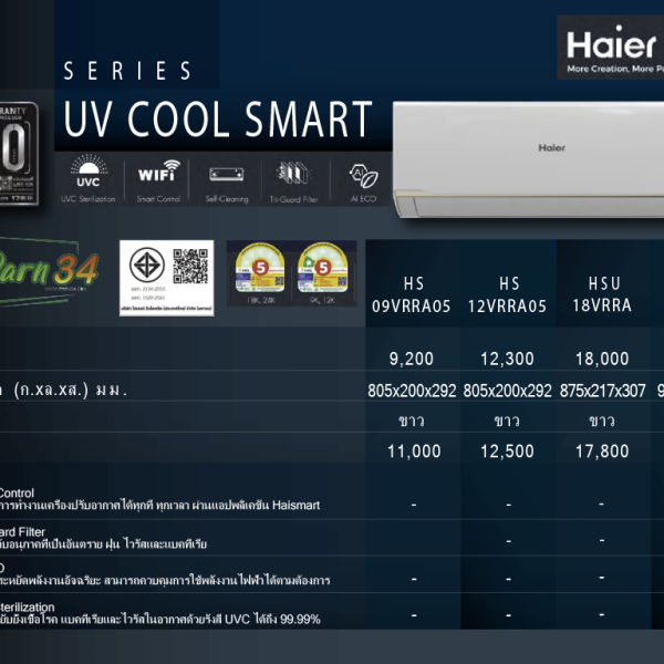 HAIER แบบติดผนัง อินเวอร์เตอร์ Uv Cool Smart VRRA SERIES มี WIFI